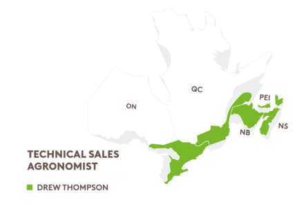 The eastern canada map of technical sales agronomists, which is currently just Drew Thompson. For an accessible version of this map please contact us.