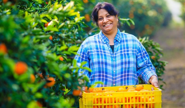 Agricultora com caixa de laranjas