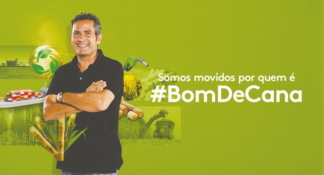 Produtor com produtos derivados da cana ao fundo e a frase somos movidos por quem é bom de cana.