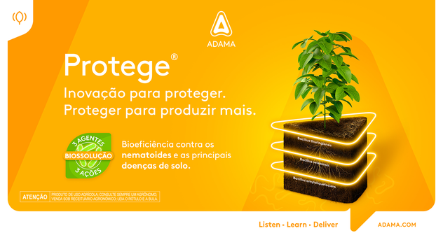 Ilustração de planta de soja com os dizeres "Protege. Inovação para proteger. Proteger para produzir mais.