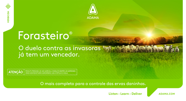 Imagem de pasto com bois, sobreposta com o texto Forasteiro.  O duelo contra as invasoras já tem um vencedor.