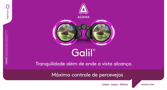 Imagem aumentada de um percevejo morto, com a mensagem: Galil. Tranquilidade além de onde a vista alcança.