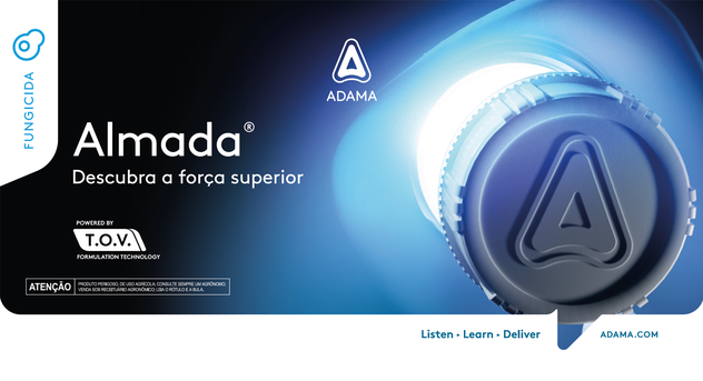 Imagem de uma embalagem de almada, com uma luz forte saindo de dentro do frasco. Almada. Descubra a força superior.