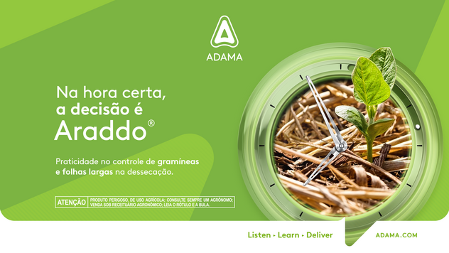 Imagem mostrando a campanha de araddo, um relógio com uma planta de soja pequena no interior.