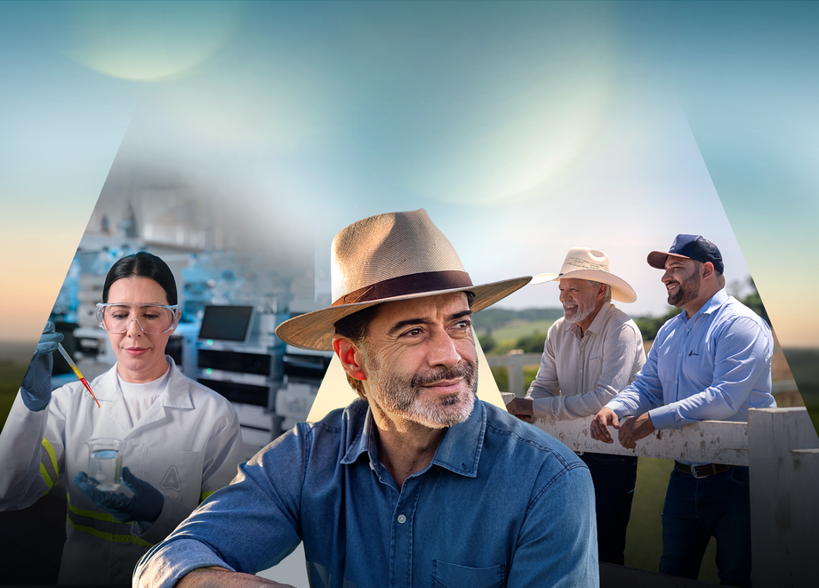 Montagem com fotos de agricultores, RTV e técnica de laboratório
