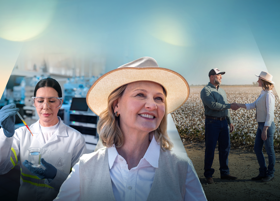 Montagem com fotos de agricultores, RTV e técnica de laboratório