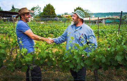 Farmers shake hands near the vineyards