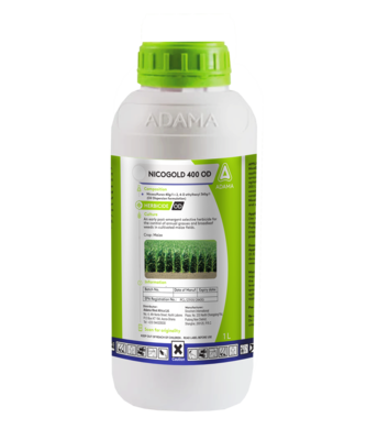 Herbicide-Nicogold controls grasses and broadleaf weeds in corn field