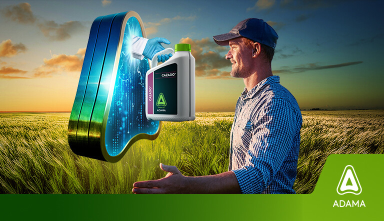 farmer looking into a portal with a new product jug coming out of it