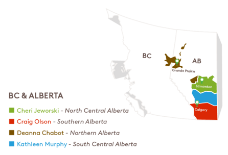 A map of BC and AB with Cheri, Craig, Deanna, and Kathleen noted on it.