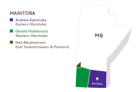 A map of Manitoba with Andrew Kaminsky, Gerald Hildebrand, and Neil Abrahamson on it.