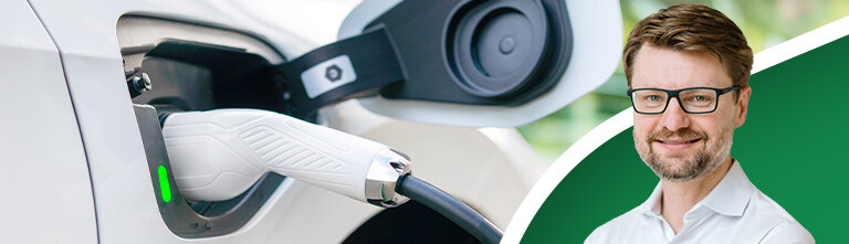 Electric car background with Cornie headshot 