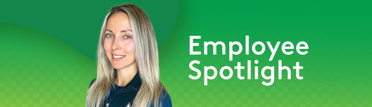 Melissa Ostash headshot on green background with employee spotlight text 