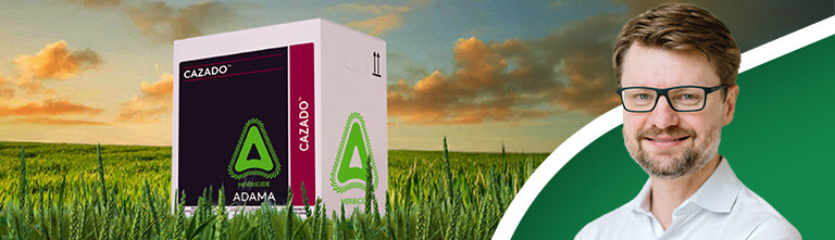 CAZADO, a new ADAMA product, sites in a field next to a headshot of Cornie's.