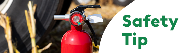 A fire extinguisher, with the words Safety Tip.
